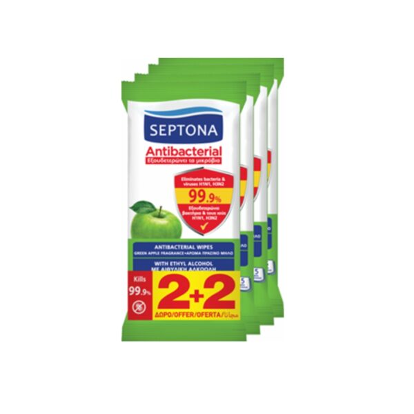Septona Antibacterial Wipes GREEN APPLE 15pcs X4 multipack